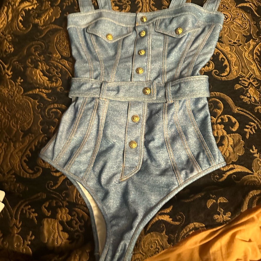 Balmain Blue Denim-Print Bandeau One-Piece Swimsuit - Picture 16 of 16